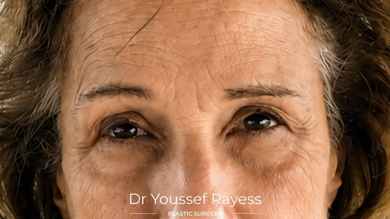 Close-up front view before brow lift result by Dr Youssef Rayess in Beirut and Dubai showing natural brow refinement and facial harmony